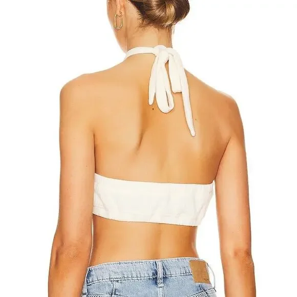 We Wore What NWT Tie Halter Bra Ribbed Ivory Cream Cropped Bandeau Top - Picture 3 of 14